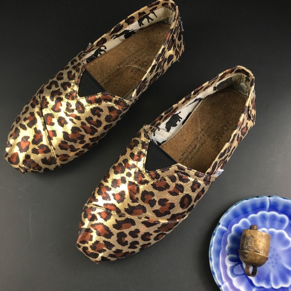 🛍 Toms Leopard Gold Metalic Alpargata Slip-on Shoes, GUC, Size EU 36 US 5.5
